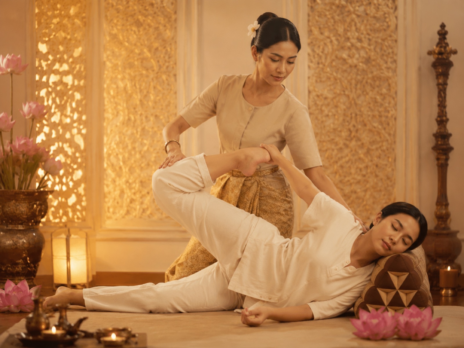 นักบำบัดสาธิตท่ายืดในการนวดไทยบนพื้น